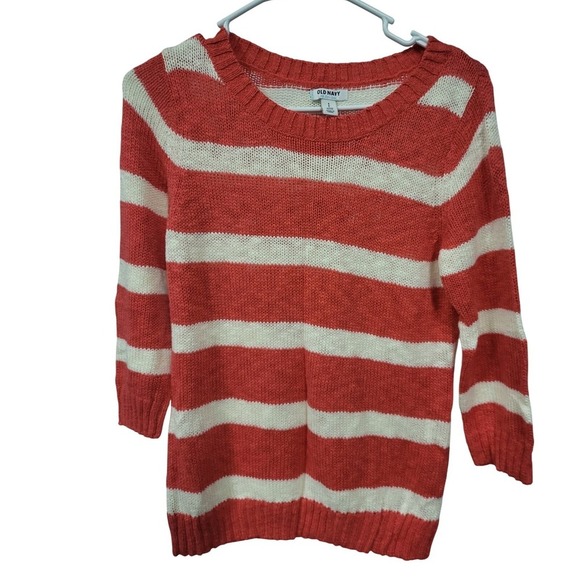 Old Navy Striped Knit Sweater Coral White 3/4 Sleeve Crew Neck Small - Picture 2 of 5